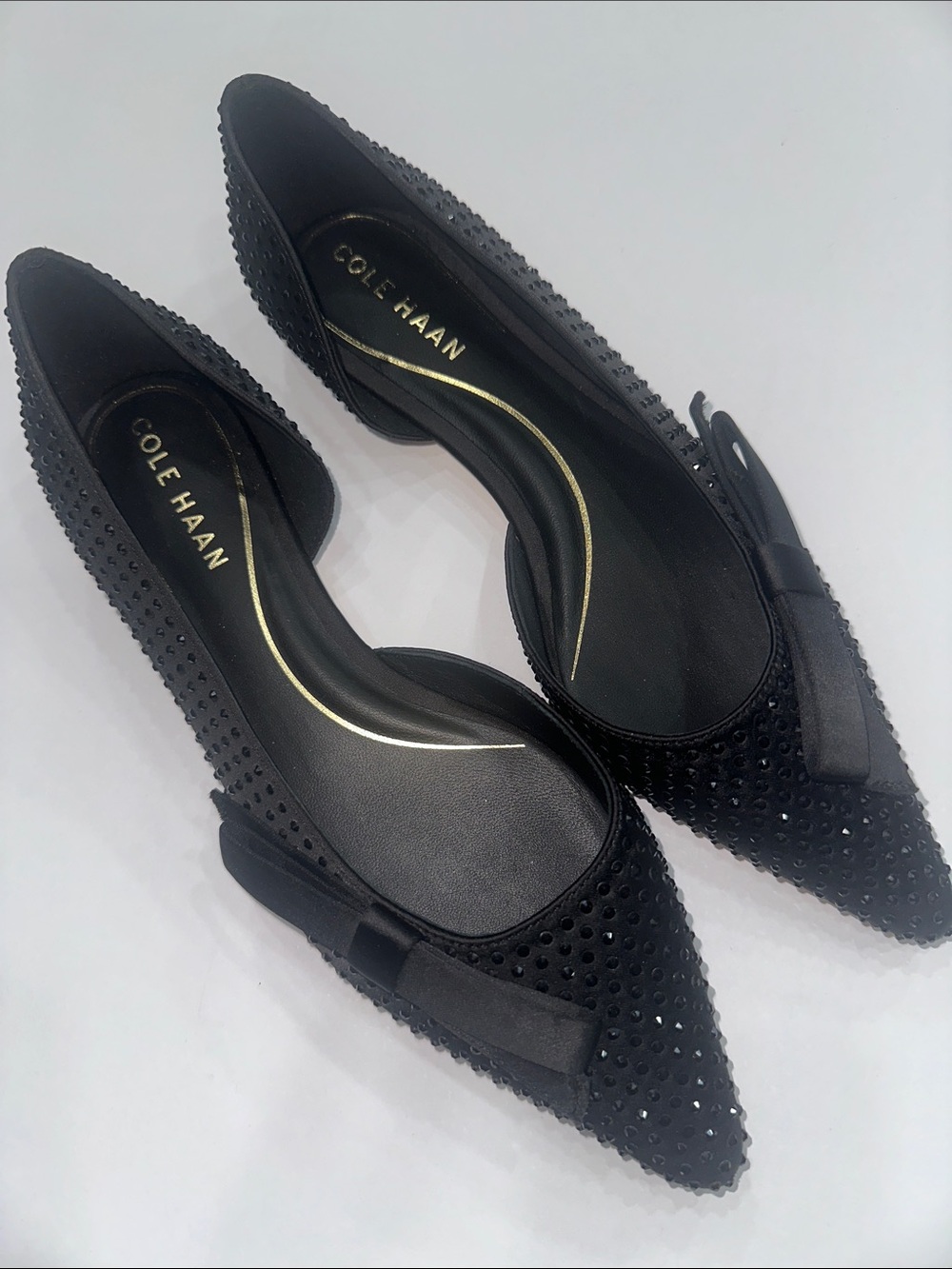 Cole Haan Black Studded Pointed-Toe Flats with Bow